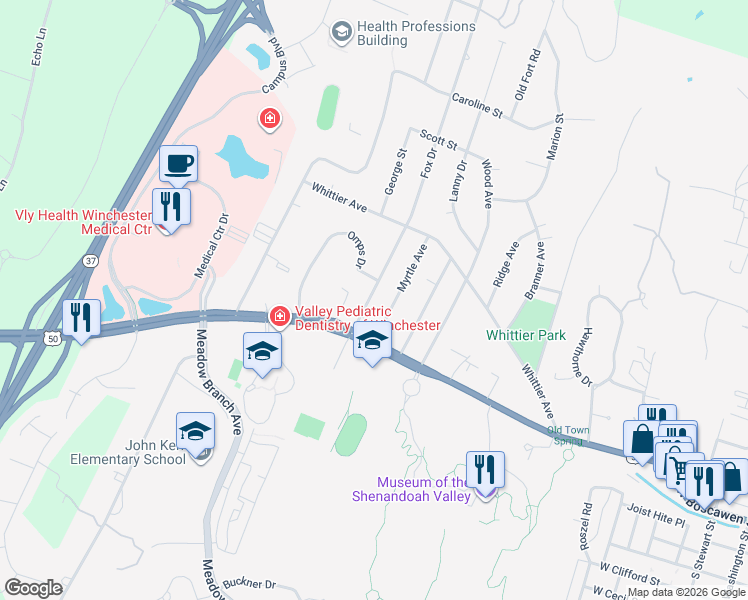 map of restaurants, bars, coffee shops, grocery stores, and more near 136 Fox Drive in Winchester