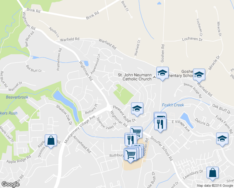 map of restaurants, bars, coffee shops, grocery stores, and more near 20737 Highland Hall Drive in Montgomery Village