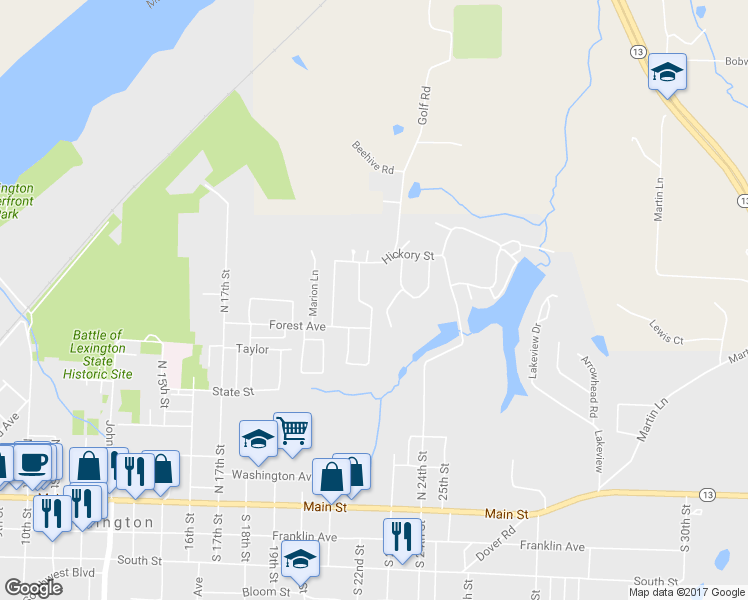 map of restaurants, bars, coffee shops, grocery stores, and more near 31 Country Club Terrace in Lexington