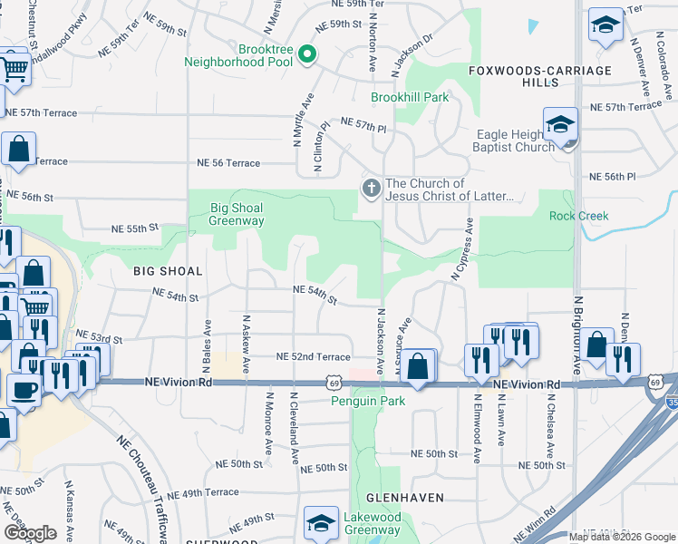 map of restaurants, bars, coffee shops, grocery stores, and more near 5406 North Mersington Avenue in Kansas City