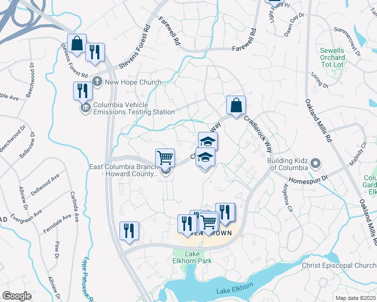 map of restaurants, bars, coffee shops, grocery stores, and more near 6590 Woven Moonbeam in Columbia