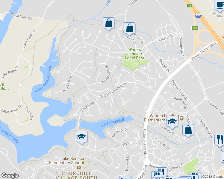 map of restaurants, bars, coffee shops, grocery stores, and more near 13513 Deerwater Drive in Germantown