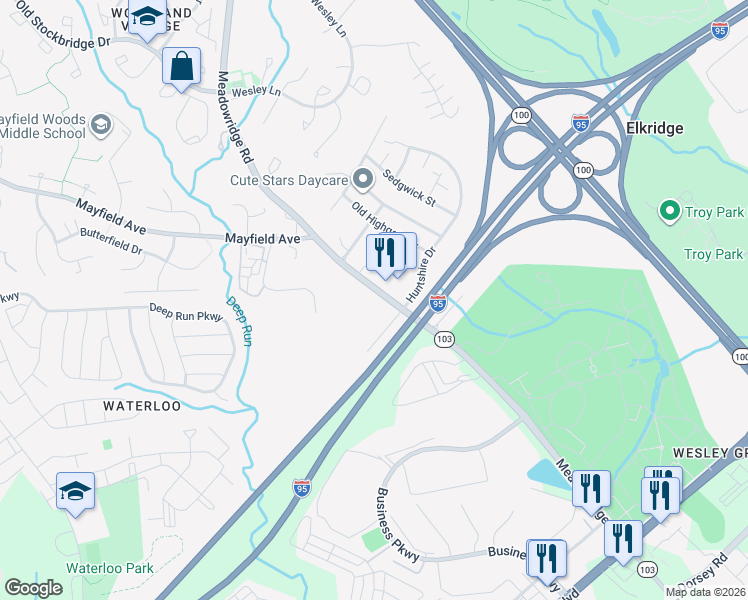 map of restaurants, bars, coffee shops, grocery stores, and more near 6510 Meadowridge Road in Elkridge