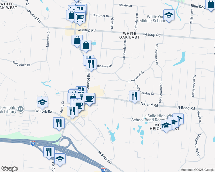 map of restaurants, bars, coffee shops, grocery stores, and more near 3390 Palmhill Lane in Cincinnati