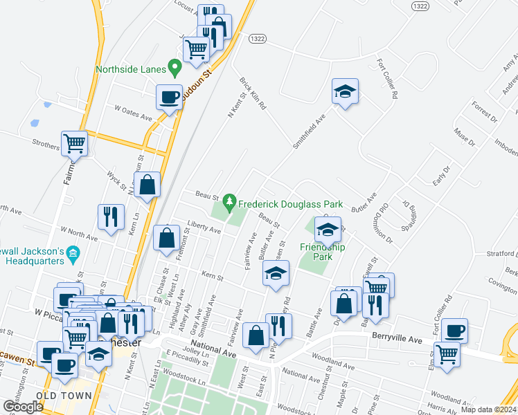 map of restaurants, bars, coffee shops, grocery stores, and more near 308 Beau Street in Winchester