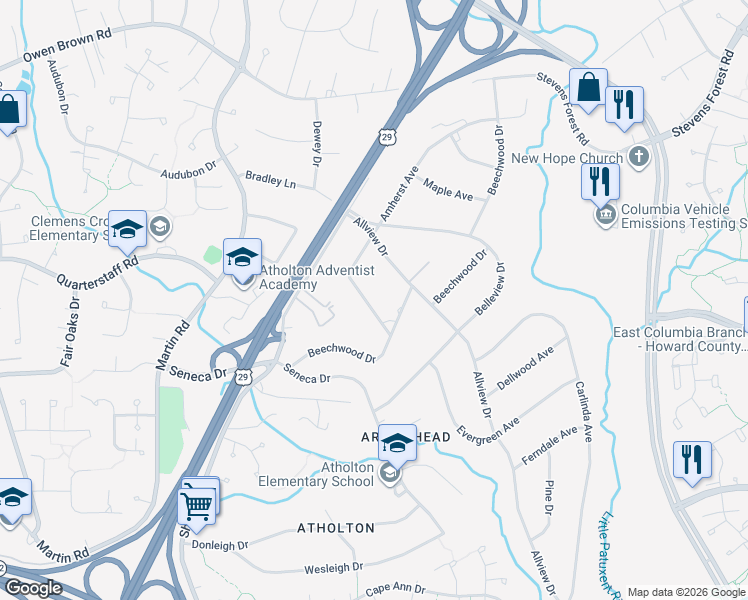 map of restaurants, bars, coffee shops, grocery stores, and more near 6427 Amherst Avenue in Columbia