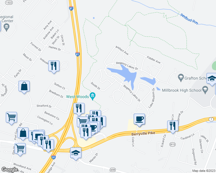 map of restaurants, bars, coffee shops, grocery stores, and more near 112 Smith Drive in Winchester