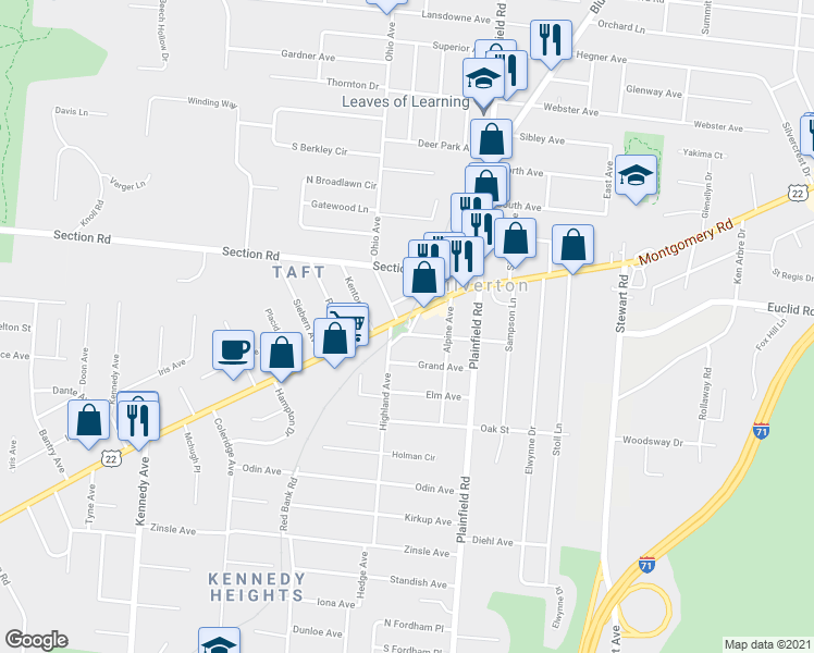 map of restaurants, bars, coffee shops, grocery stores, and more near 7054 Montgomery Road in Silverton
