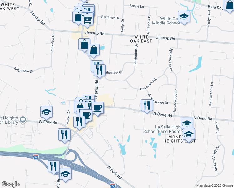 map of restaurants, bars, coffee shops, grocery stores, and more near 5520 Cheviot Road in Cincinnati
