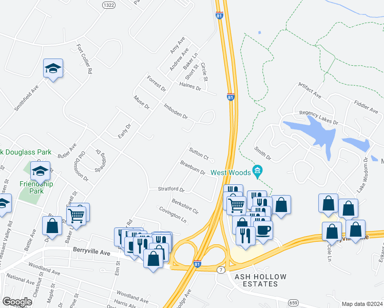 map of restaurants, bars, coffee shops, grocery stores, and more near 112 Sutton Court in Winchester