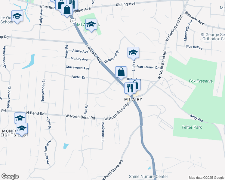 map of restaurants, bars, coffee shops, grocery stores, and more near 2702 Hillvista Lane in Cincinnati
