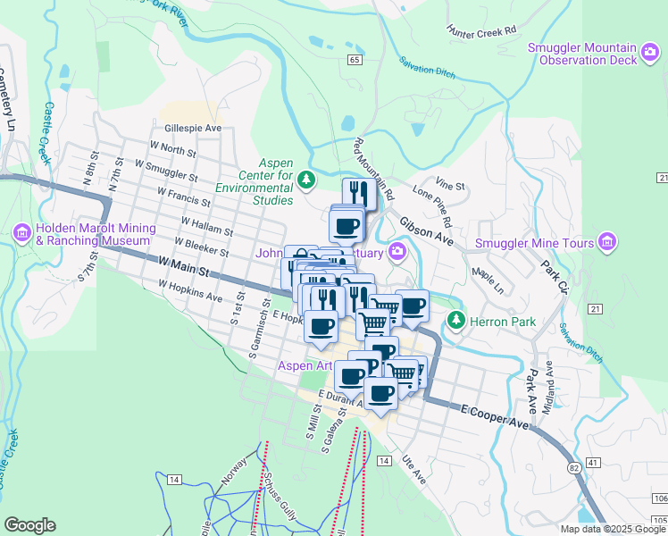 map of restaurants, bars, coffee shops, grocery stores, and more near 204 North Monarch Street in Aspen