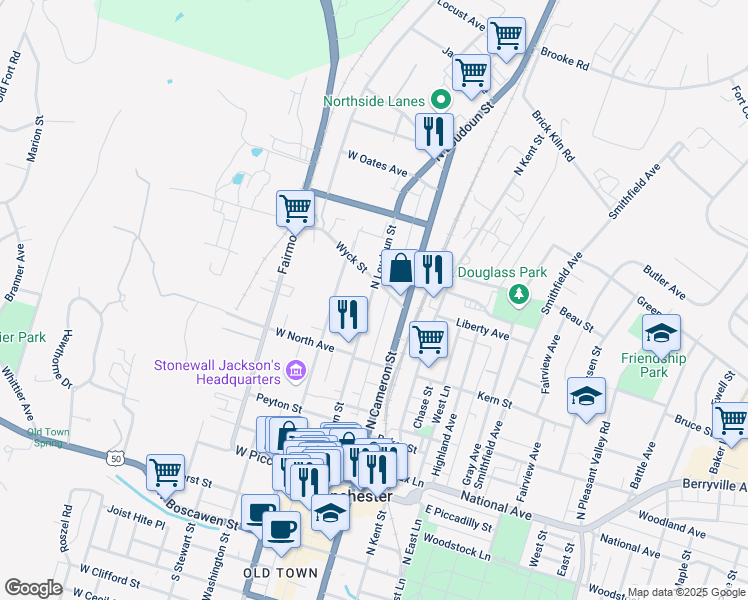 map of restaurants, bars, coffee shops, grocery stores, and more near 540 North Loudoun Street in Winchester