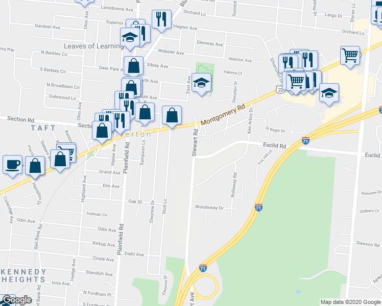 map of restaurants, bars, coffee shops, grocery stores, and more near 6829 Stewart Road in Cincinnati