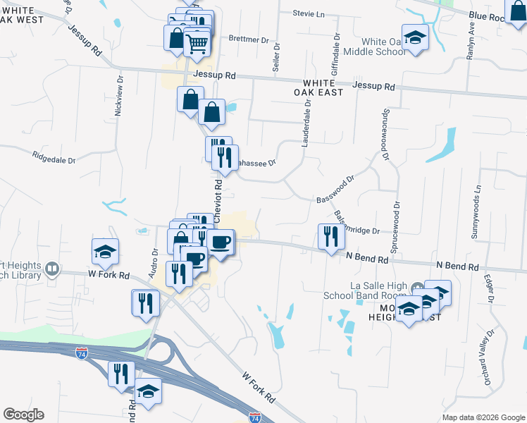 map of restaurants, bars, coffee shops, grocery stores, and more near 5520 Cheviot Road in Cincinnati