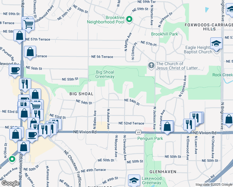 map of restaurants, bars, coffee shops, grocery stores, and more near 3609 Northeast 54th Terrace in Kansas City
