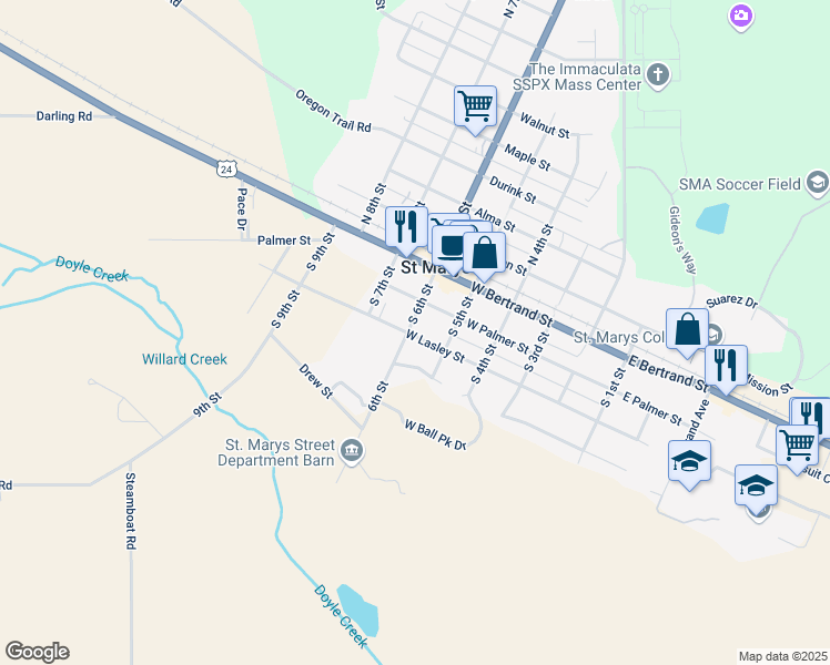 map of restaurants, bars, coffee shops, grocery stores, and more near 300 South 6th Street in Saint Marys