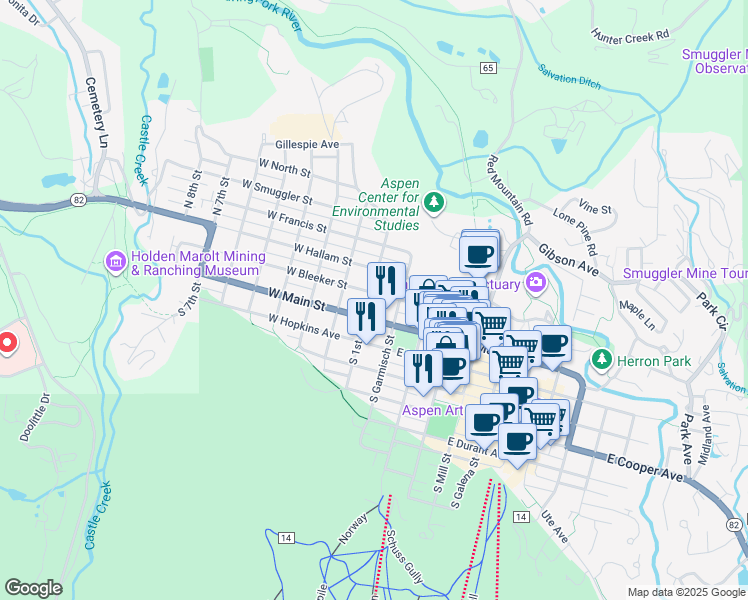 map of restaurants, bars, coffee shops, grocery stores, and more near 200 West Main Street in Aspen