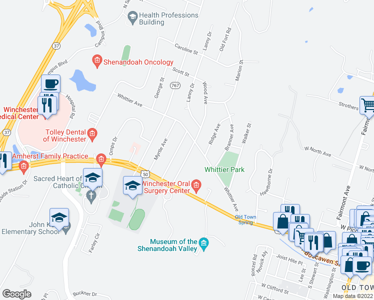 map of restaurants, bars, coffee shops, grocery stores, and more near 211 Wood Avenue in Winchester