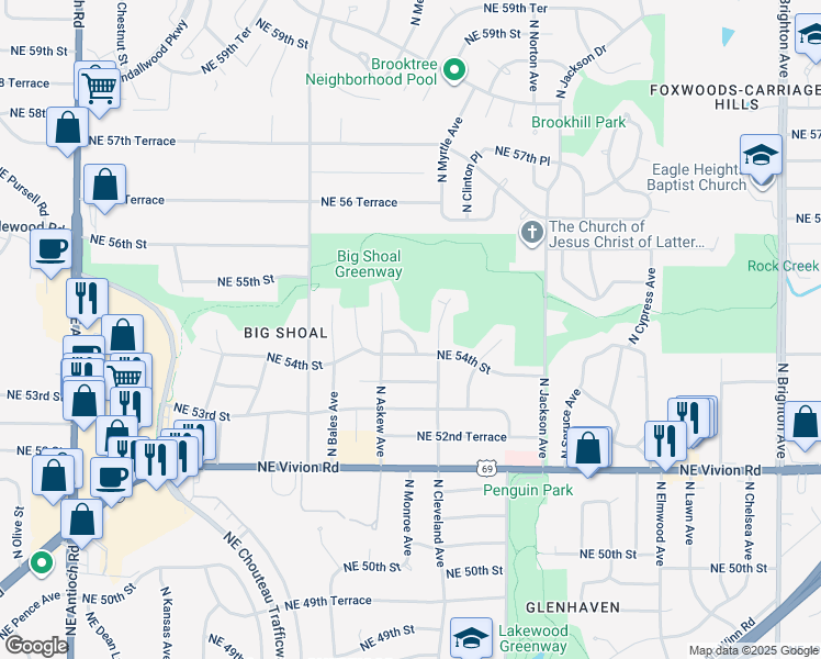 map of restaurants, bars, coffee shops, grocery stores, and more near 3609 Northeast 54th Terrace in Kansas City