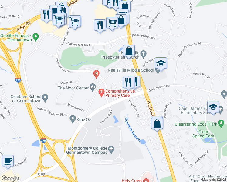 map of restaurants, bars, coffee shops, grocery stores, and more near 1 Observation Court in Germantown