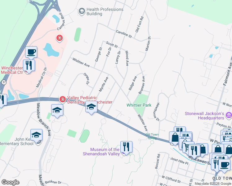map of restaurants, bars, coffee shops, grocery stores, and more near 211 Wood Avenue in Winchester