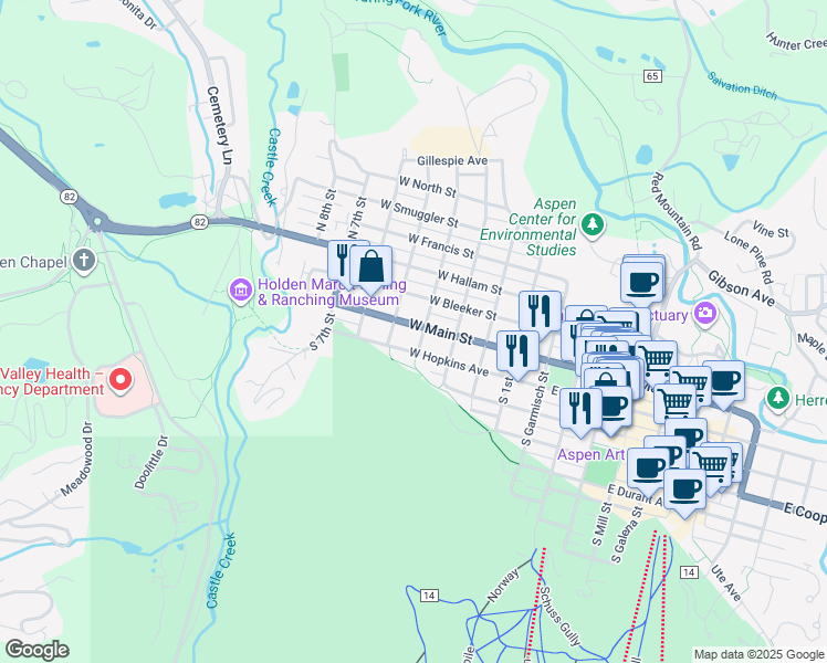 map of restaurants, bars, coffee shops, grocery stores, and more near 519 West Main Street in Aspen