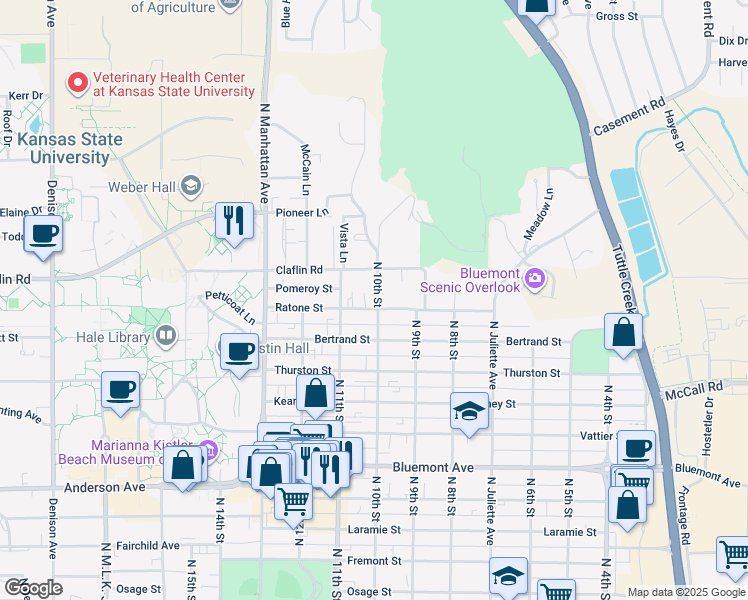 map of restaurants, bars, coffee shops, grocery stores, and more near 1221 North 10th Street in Manhattan