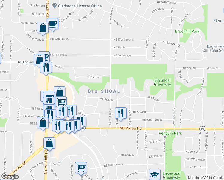 map of restaurants, bars, coffee shops, grocery stores, and more near 5431 North Indiana Avenue in Kansas City