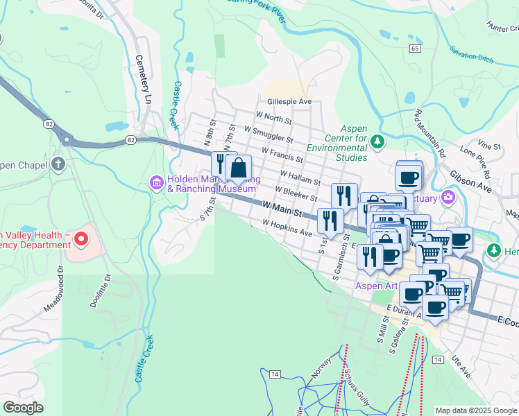 map of restaurants, bars, coffee shops, grocery stores, and more near 519 West Main Street in Aspen
