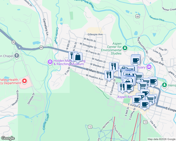 map of restaurants, bars, coffee shops, grocery stores, and more near 519 West Main Street in Aspen