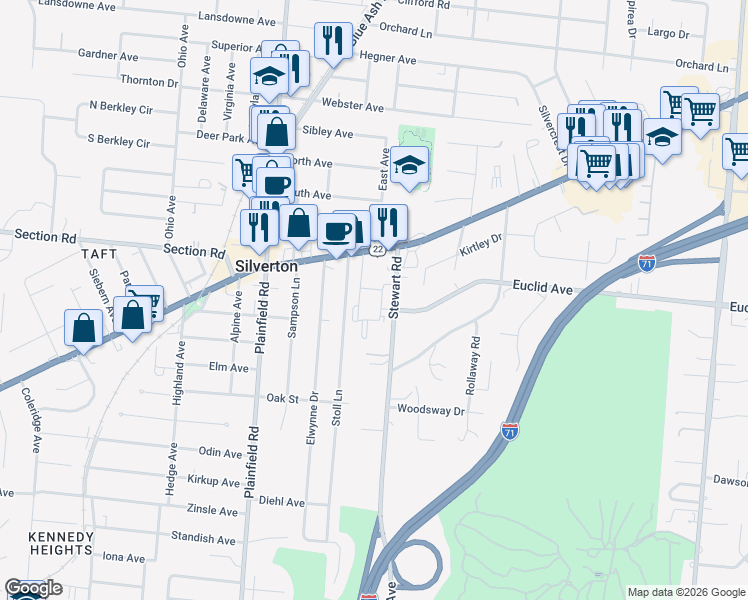 map of restaurants, bars, coffee shops, grocery stores, and more near 6847 Stewart Road in Cincinnati