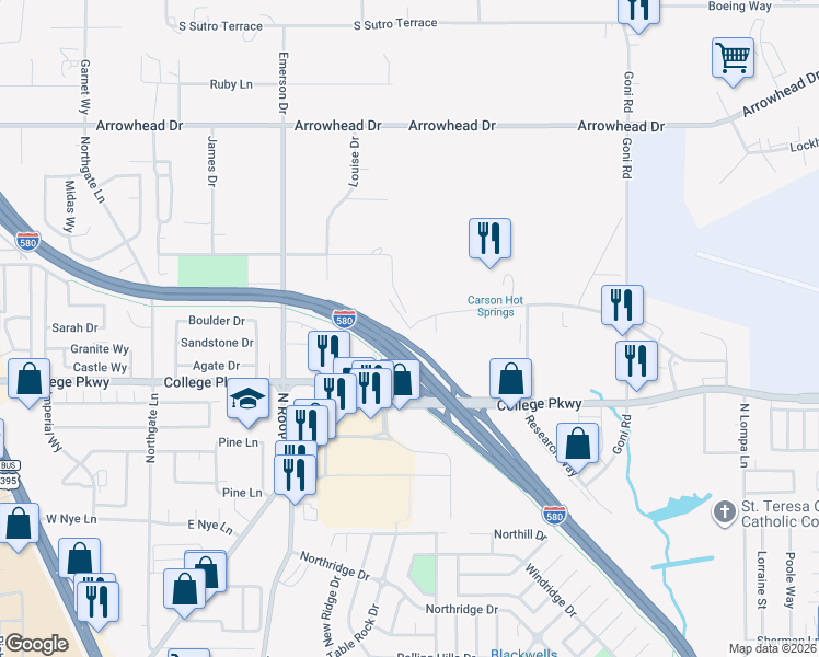 map of restaurants, bars, coffee shops, grocery stores, and more near 986 Hot Springs Road in Carson City