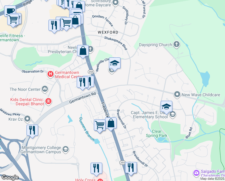 map of restaurants, bars, coffee shops, grocery stores, and more near 11633 Drumcastle Terrace in Germantown