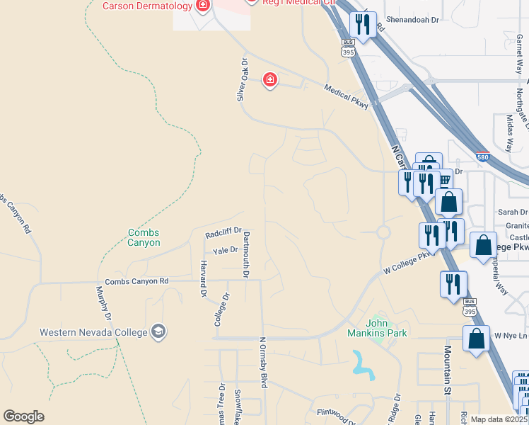 map of restaurants, bars, coffee shops, grocery stores, and more near 3670 Red Leaf Drive in Carson City