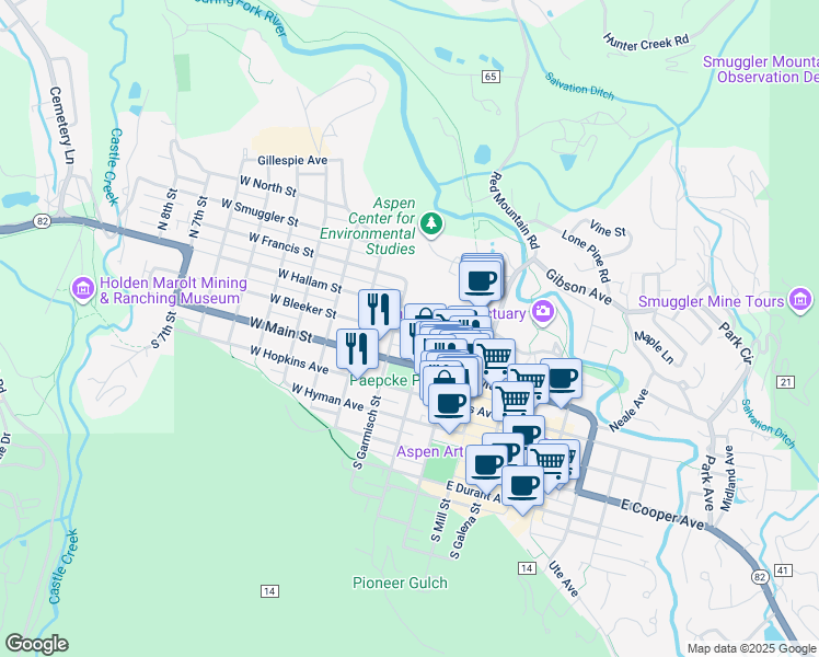 map of restaurants, bars, coffee shops, grocery stores, and more near 128 North Garmisch Street in Aspen