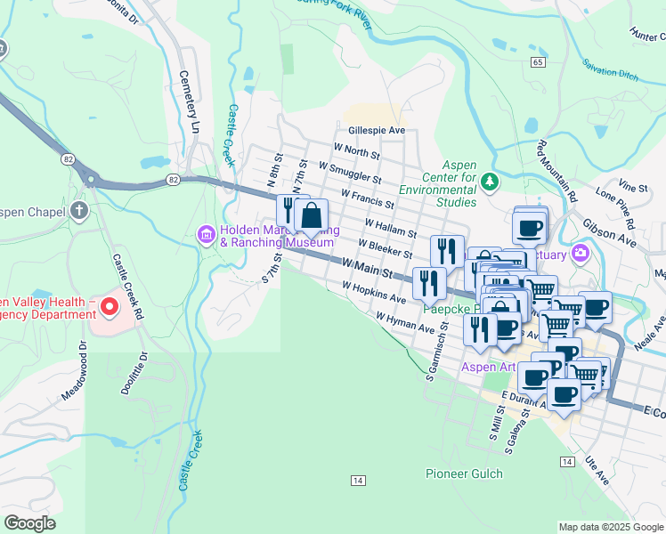 map of restaurants, bars, coffee shops, grocery stores, and more near 519 West Main Street in Aspen