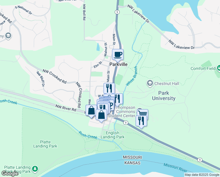 map of restaurants, bars, coffee shops, grocery stores, and more near 506 East Street in Parkville
