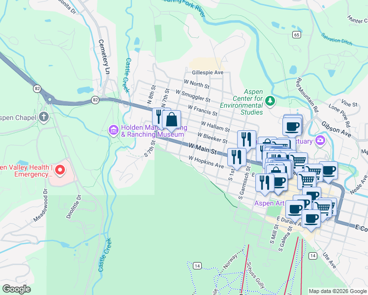 map of restaurants, bars, coffee shops, grocery stores, and more near 519 West Main Street in Aspen