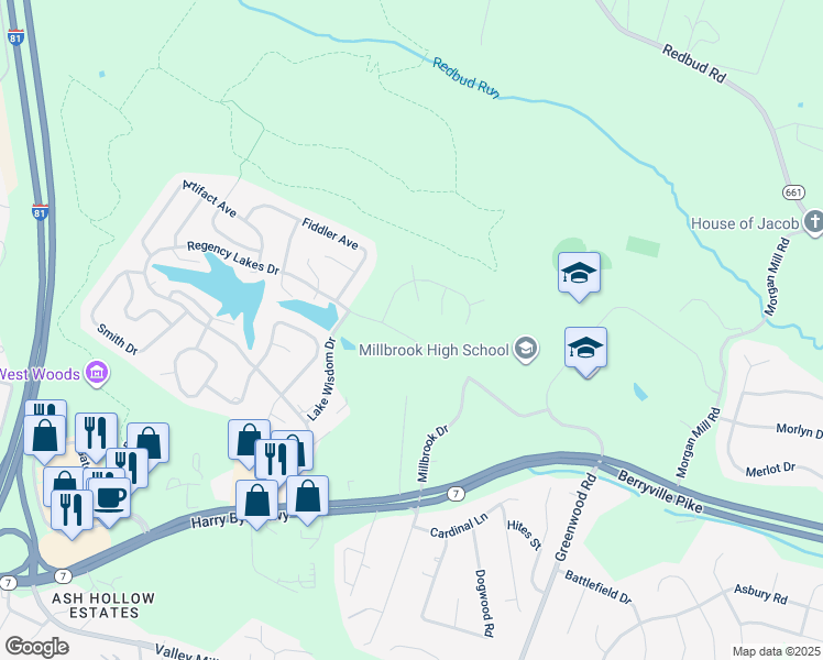 map of restaurants, bars, coffee shops, grocery stores, and more near 111 Lake Wisdom Drive in Winchester
