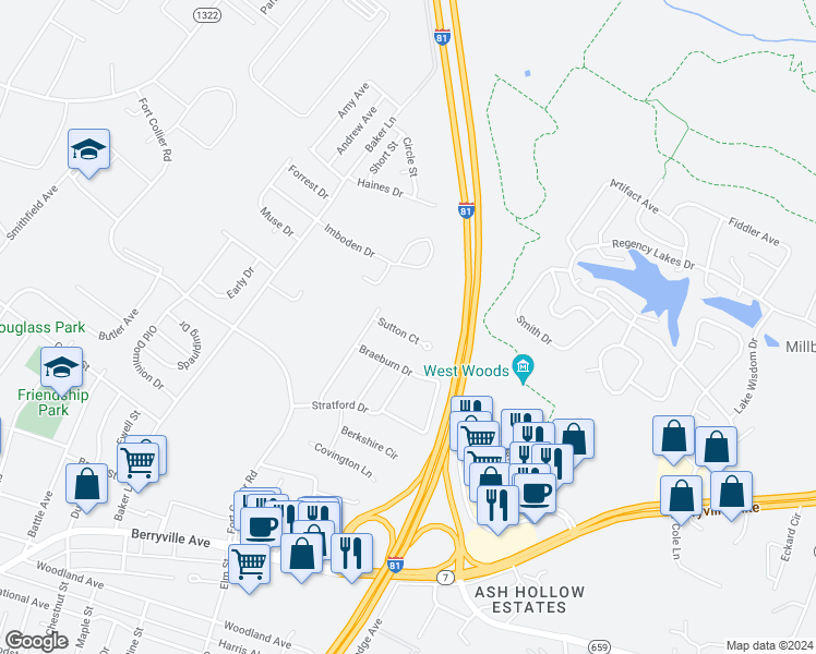 map of restaurants, bars, coffee shops, grocery stores, and more near 213 Sutton Court in Winchester