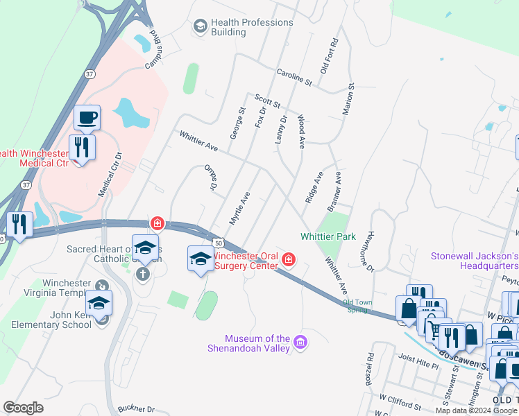 map of restaurants, bars, coffee shops, grocery stores, and more near 205 Allison Avenue in Winchester