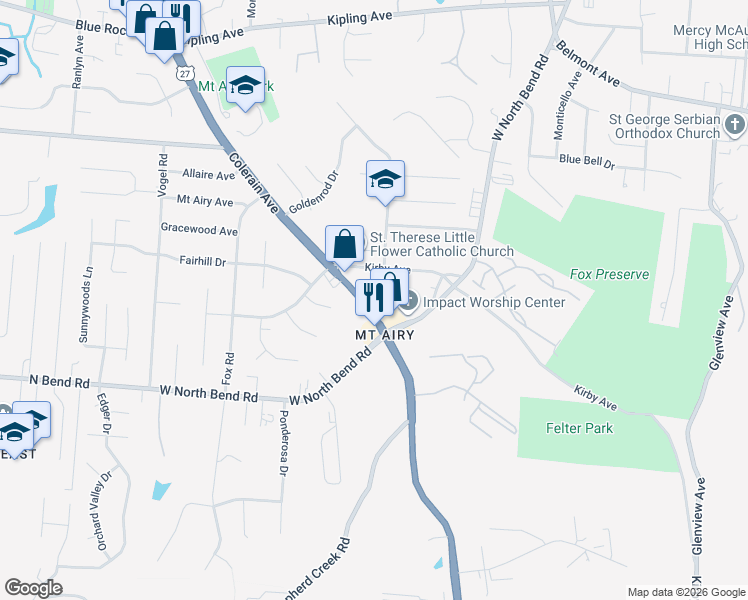 map of restaurants, bars, coffee shops, grocery stores, and more near 5533 Colerain Avenue in Cincinnati