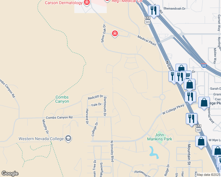 map of restaurants, bars, coffee shops, grocery stores, and more near 3670 Red Leaf Drive in Carson City