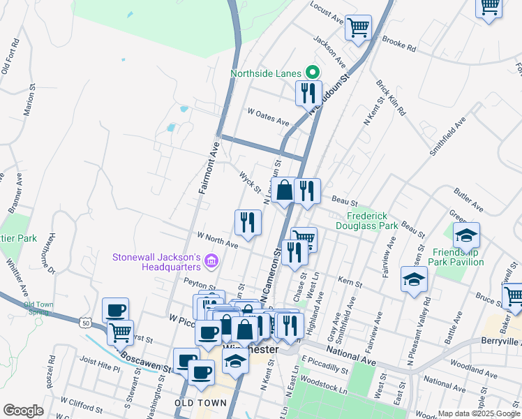 map of restaurants, bars, coffee shops, grocery stores, and more near 540 North Loudoun Street in Winchester