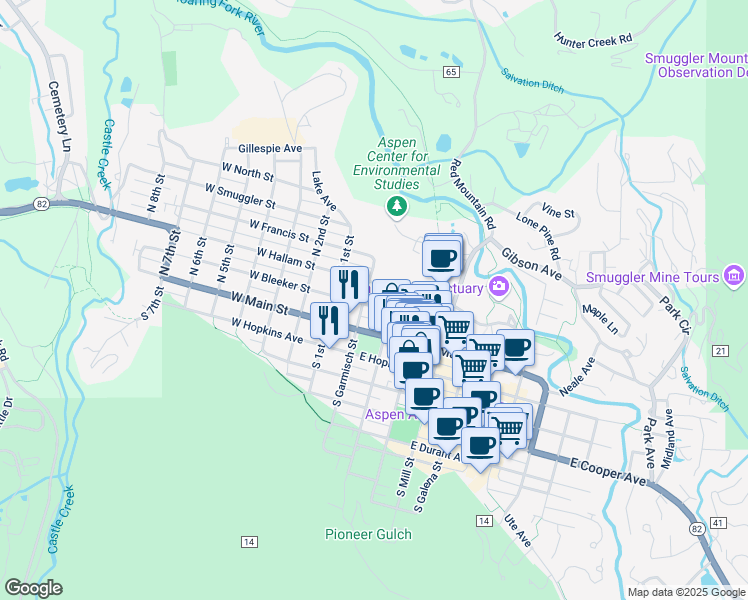 map of restaurants, bars, coffee shops, grocery stores, and more near 110 East Bleeker Street in Aspen