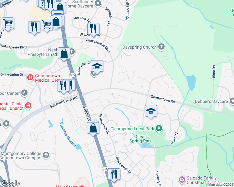 map of restaurants, bars, coffee shops, grocery stores, and more near 20301 Beehive Lane in Germantown