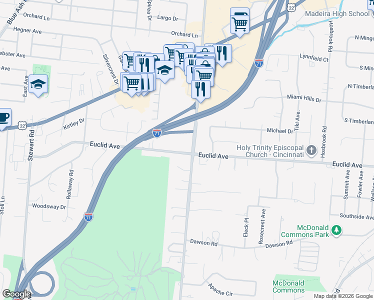 map of restaurants, bars, coffee shops, grocery stores, and more near in Kenwood
