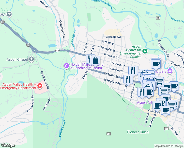 map of restaurants, bars, coffee shops, grocery stores, and more near 634 West Hopkins Avenue in Aspen
