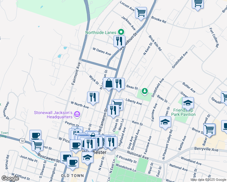 map of restaurants, bars, coffee shops, grocery stores, and more near 536 North Cameron Street in Winchester